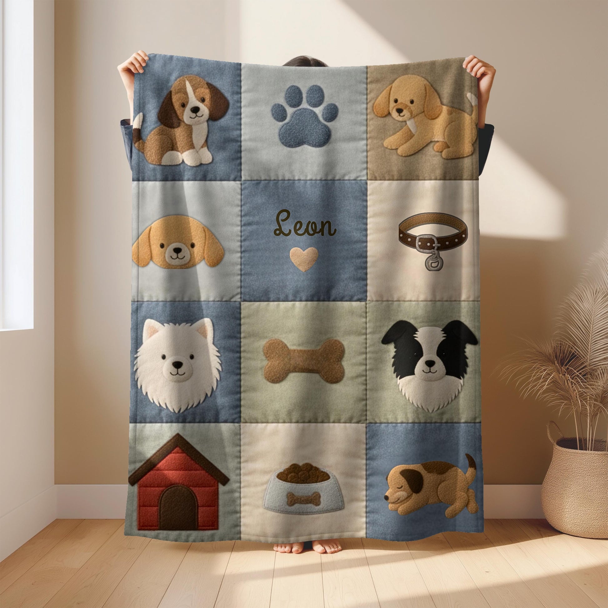 Personalized baby blanket in a patchwork design with sweet dog motifs in calm neutral tones. Printed quilt look for cozy modern nurseries.