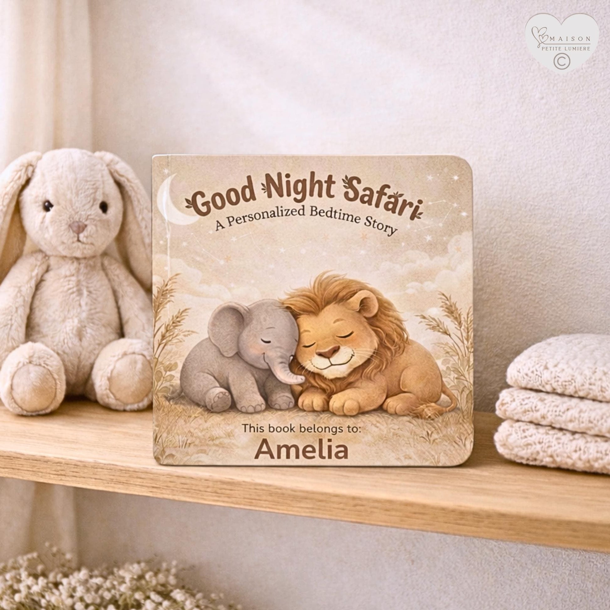 A personalized safari bedtime book featuring your child’s name. Gentle rhymes with elephant & lion — a meaningful baby shower or birthday gift.