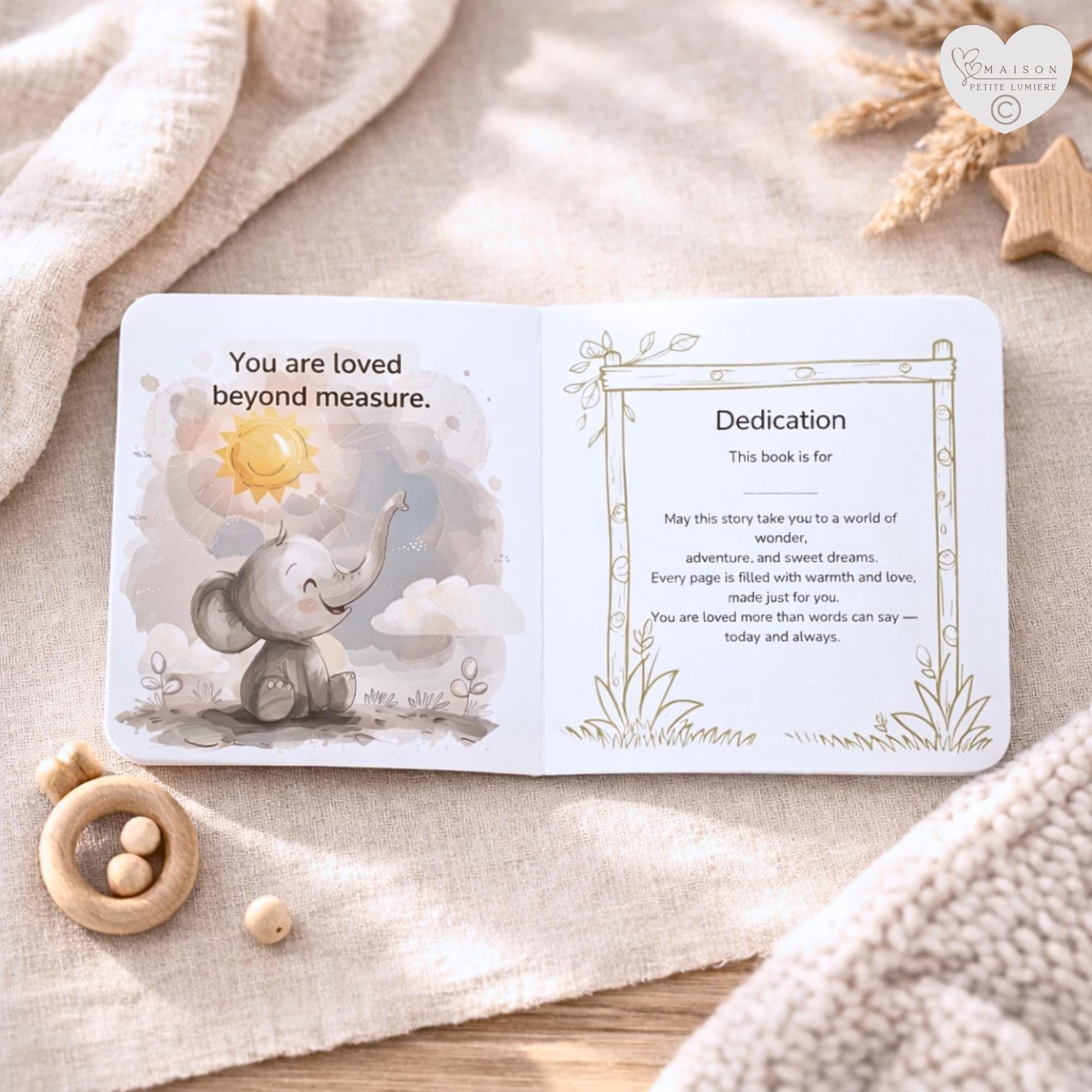 A personalized safari bedtime book featuring your child’s name. Gentle rhymes with elephant & lion — a meaningful baby shower or birthday gift.