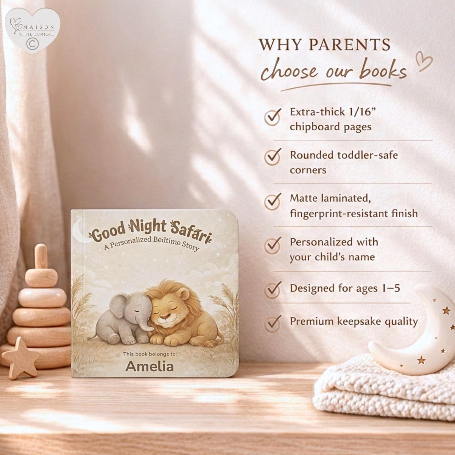 A personalized safari bedtime book featuring your child’s name. Gentle rhymes with elephant & lion — a meaningful baby shower or birthday gift.