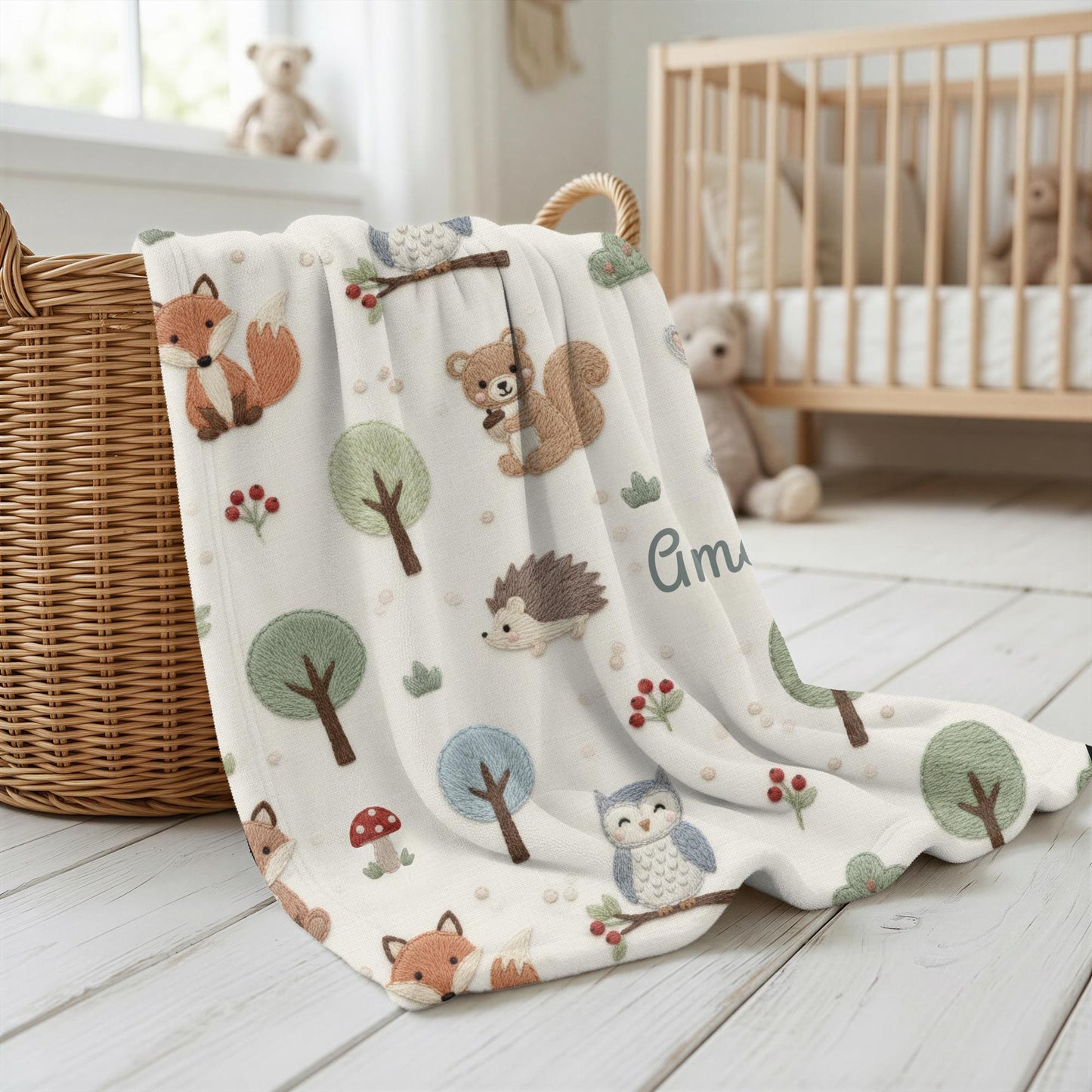Personalized Woodland Baby Blanket with Name • Forest Animals Embroidered Look • Neutral Nursery Decor • Fox Owl Bunny Gift