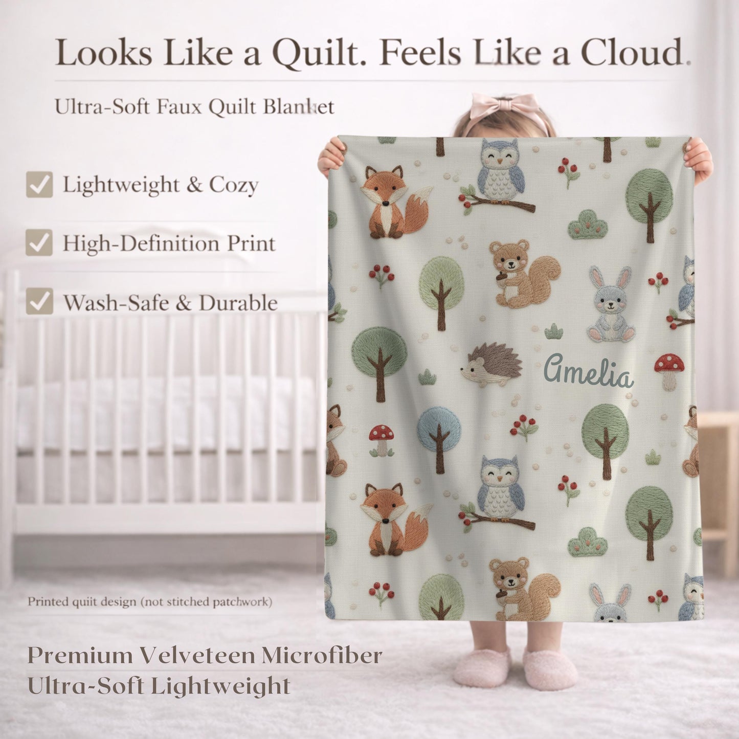Personalized Woodland Baby Blanket with Name • Forest Animals Embroidered Look • Neutral Nursery Decor • Fox Owl Bunny Gift