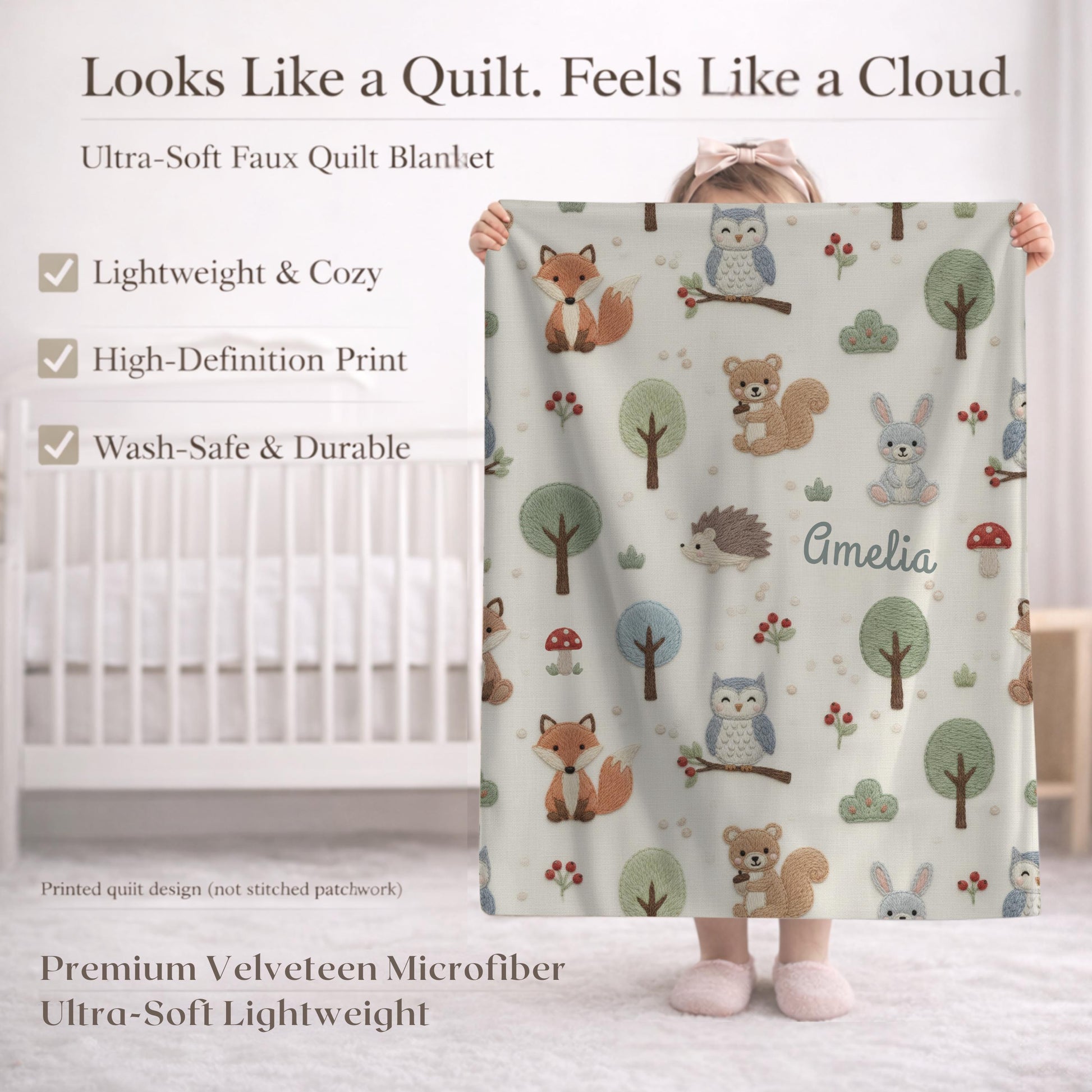 Personalized Woodland Baby Blanket with Name • Forest Animals Embroidered Look • Neutral Nursery Decor • Fox Owl Bunny Gift
