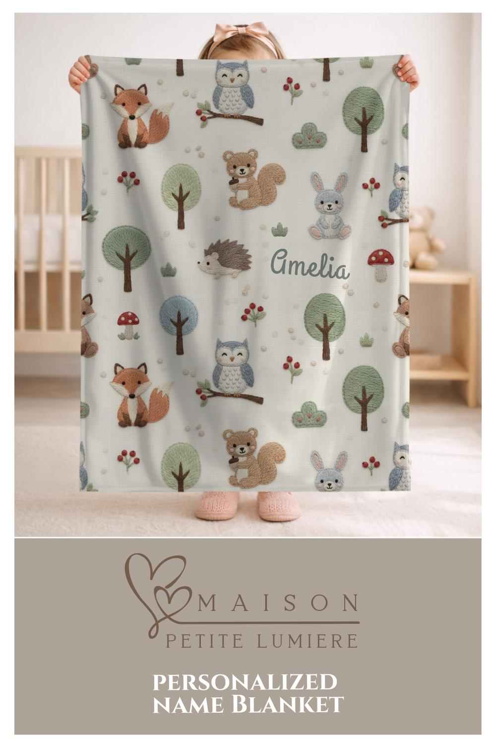 Personalized Woodland Baby Blanket with Name • Forest Animals Embroidered Look • Neutral Nursery Decor • Fox Owl Bunny Gift