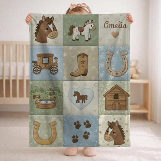 Personalized baby blanket in a patchwork look with horse and farm motifs in calm neutral tones. Printed quilt style for cozy modern nurseries.