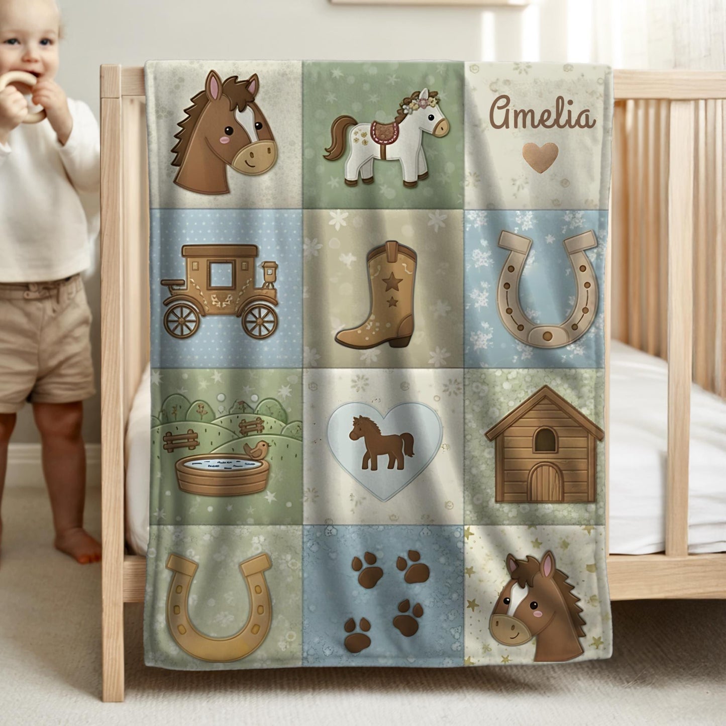 Personalized baby blanket in a patchwork look with horse and farm motifs in calm neutral tones. Printed quilt style for cozy modern nurseries.