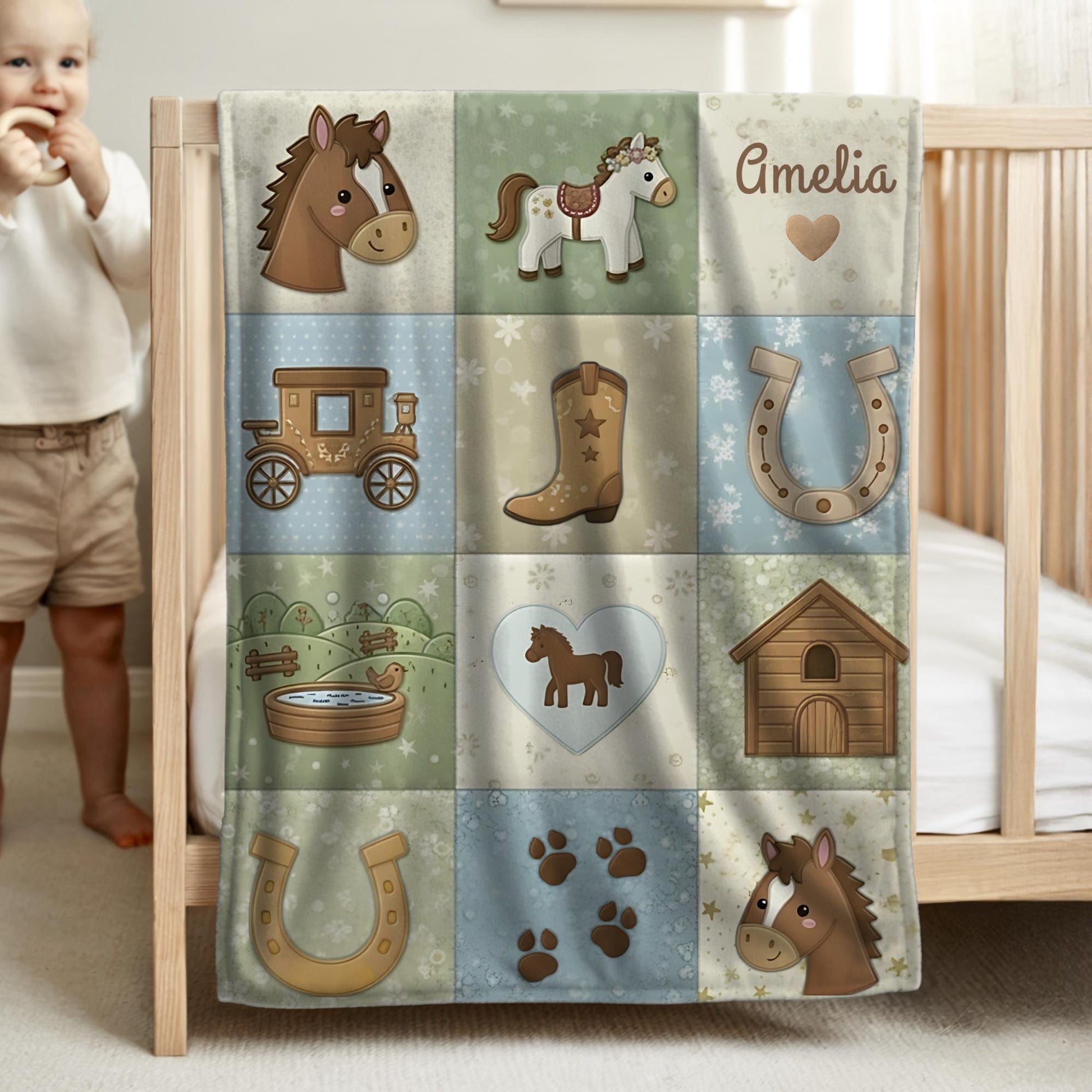 Personalized baby blanket in a patchwork look with horse and farm motifs in calm neutral tones. Printed quilt style for cozy modern nurseries.
