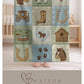 Personalized baby blanket in a patchwork look with horse and farm motifs in calm neutral tones. Printed quilt style for cozy modern nurseries.