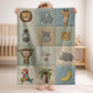 Personalized jungle baby blanket with name in embroidered quilt look. Monkey & parrot design for neutral safari nursery decor and unique baby gift.