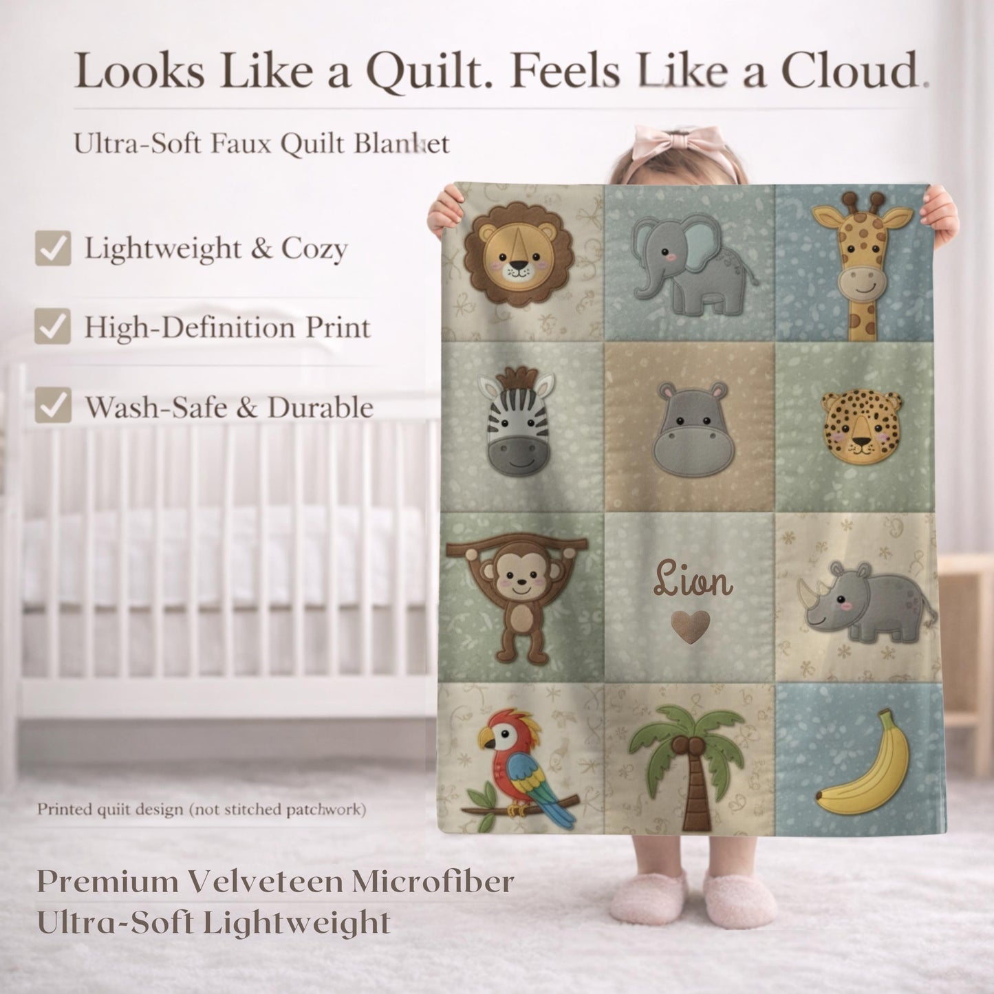 Personalized jungle baby blanket with name in embroidered quilt look. Monkey & parrot design for neutral safari nursery decor and unique baby gift.
