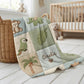 Personalized botanical safari baby blanket with name in embroidered quilt look. Soft greenery design for neutral nursery decor and timeless baby gift.
