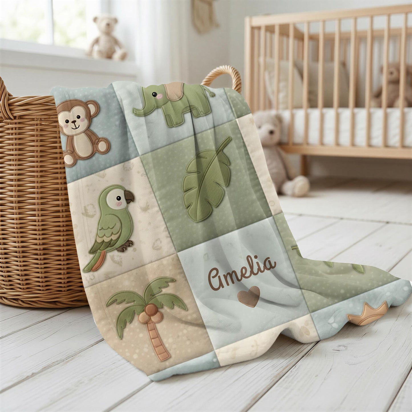 Personalized botanical safari baby blanket with name in embroidered quilt look. Soft greenery design for neutral nursery decor and timeless baby gift.