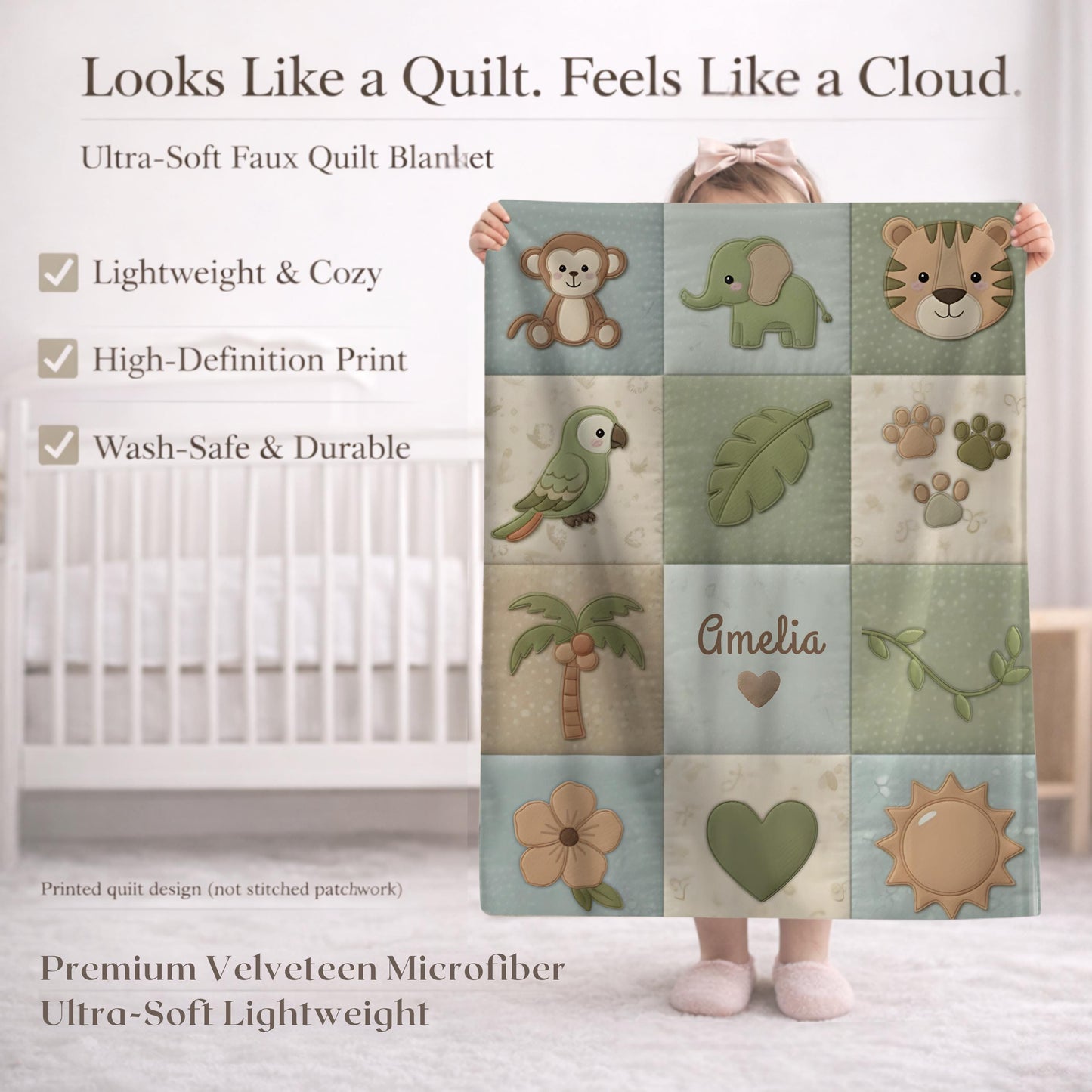 Personalized botanical safari baby blanket with name in embroidered quilt look. Soft greenery design for neutral nursery decor and timeless baby gift.