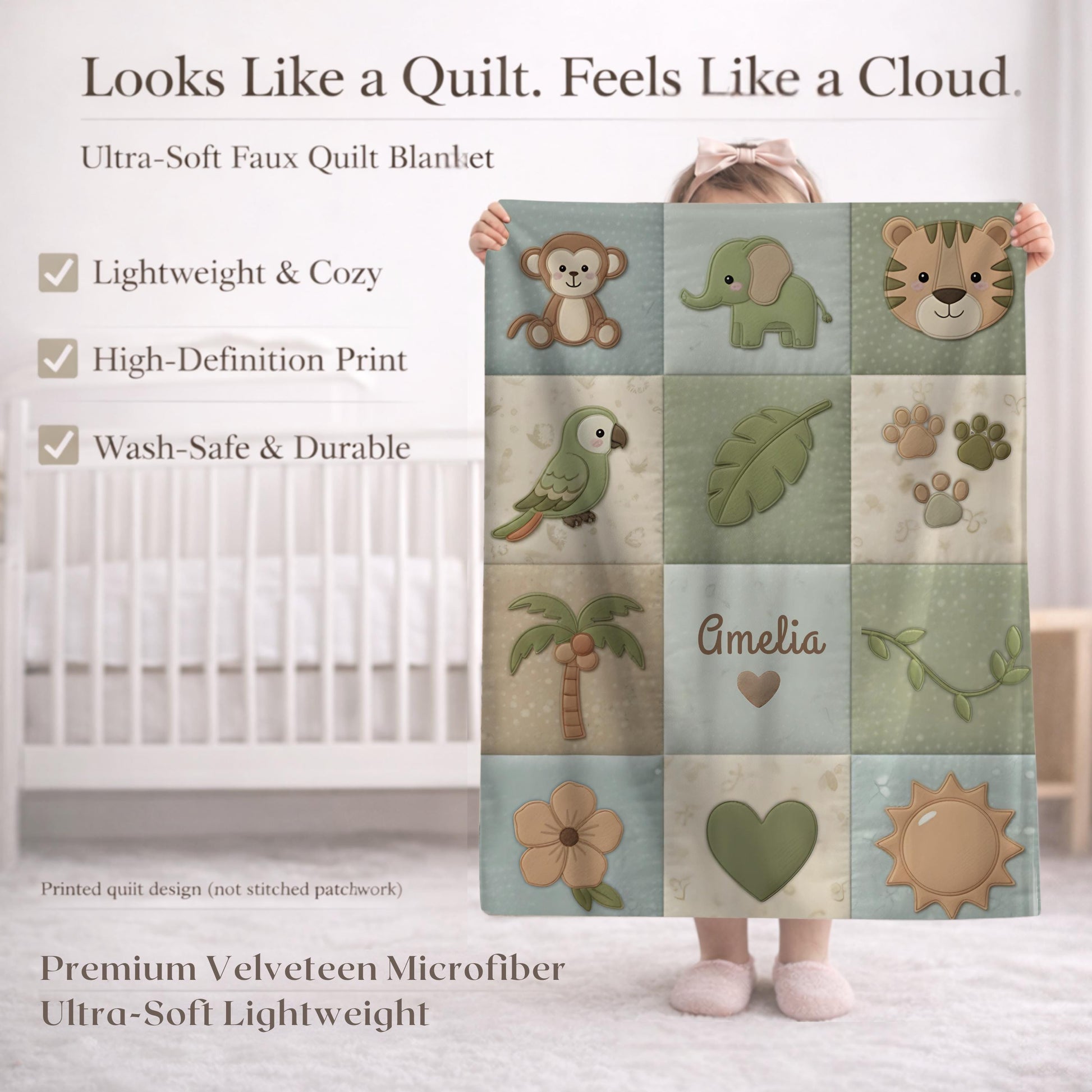 Personalized botanical safari baby blanket with name in embroidered quilt look. Soft greenery design for neutral nursery decor and timeless baby gift.