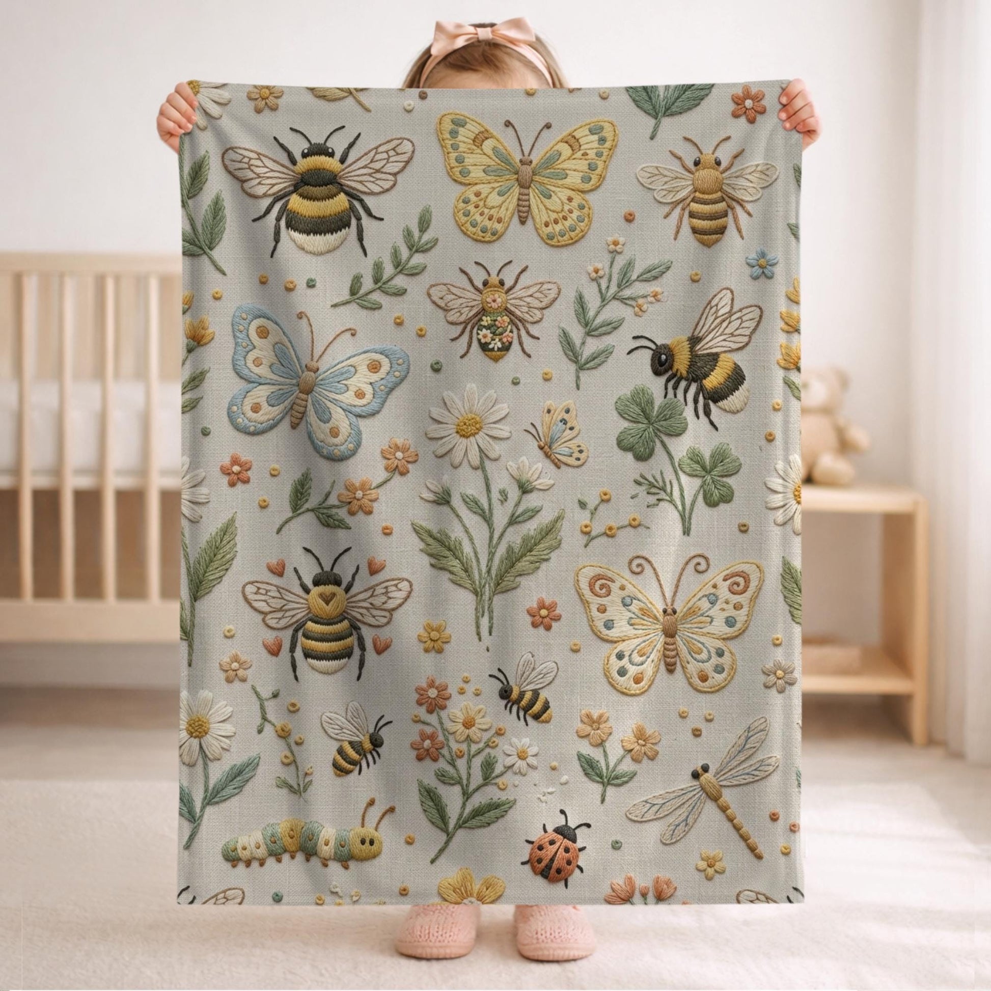 Garden baby blanket in embroidered quilt look. Butterfly and bee botanical design for neutral nursery decor and baby gift.