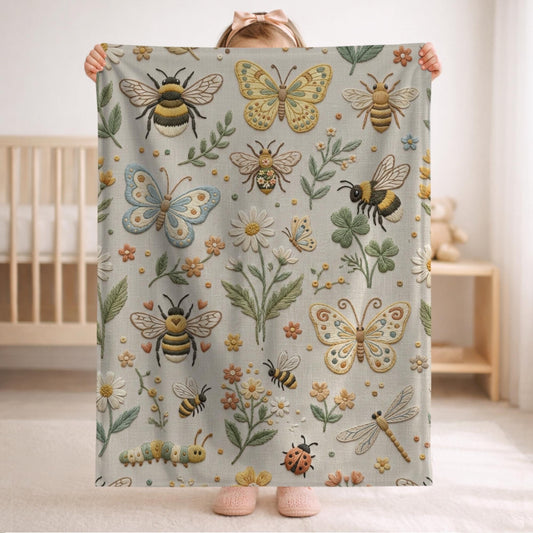 Garden baby blanket in embroidered quilt look. Butterfly and bee botanical design for neutral nursery decor and baby gift.