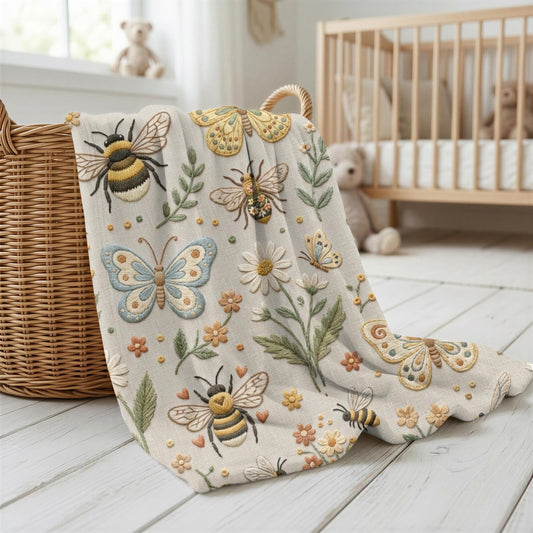 Garden baby blanket in embroidered quilt look. Butterfly and bee botanical design for neutral nursery decor and baby gift.