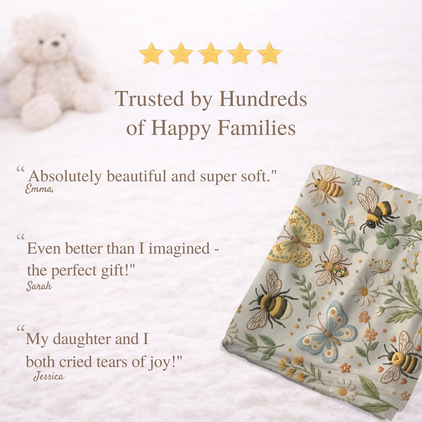 Garden baby blanket in embroidered quilt look. Butterfly and bee botanical design for neutral nursery decor and baby gift.