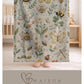 Garden baby blanket in embroidered quilt look. Butterfly and bee botanical design for neutral nursery decor and baby gift.
