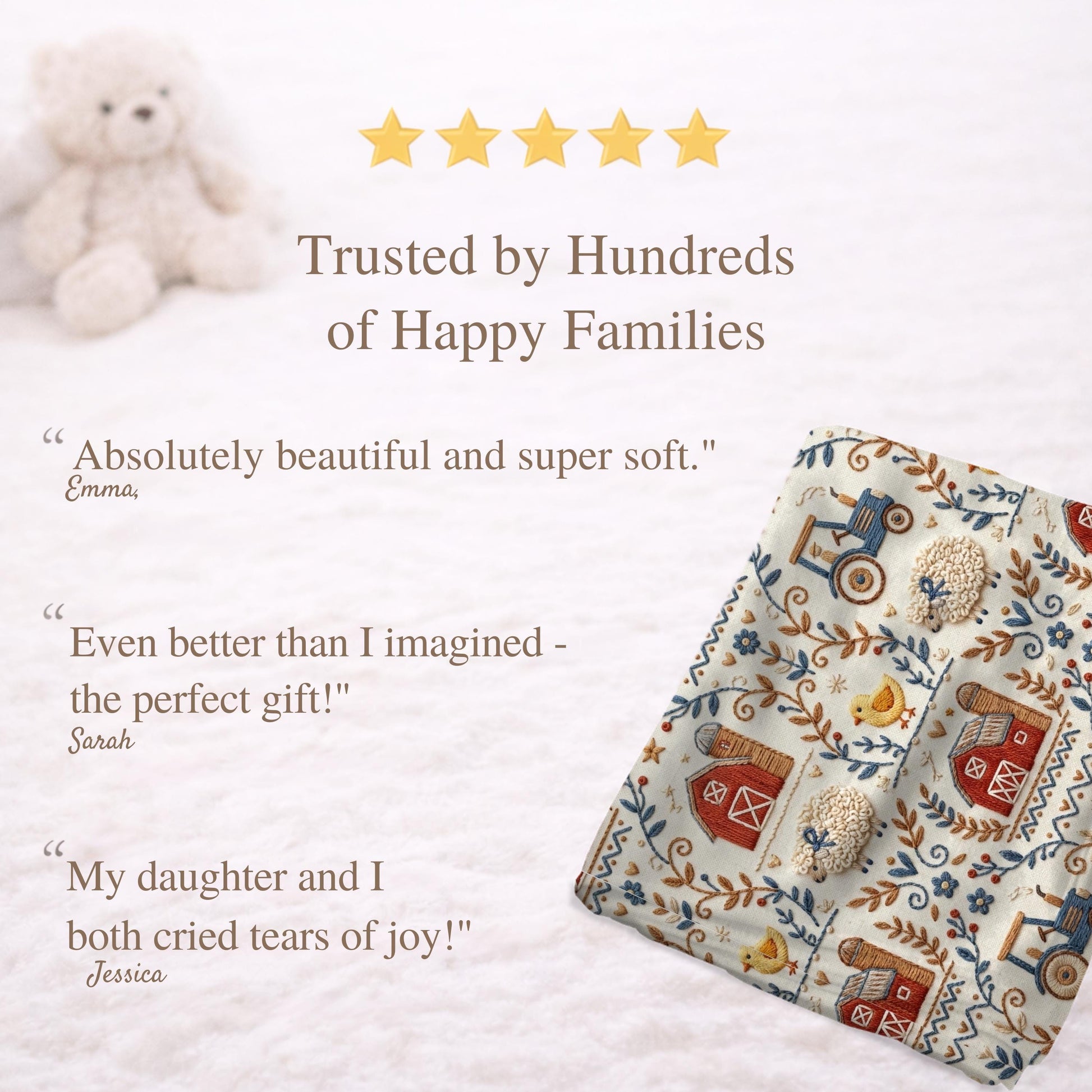 Embroidery Look farm baby blanket in embroidered quilt look. Tractor, barn and sheep design for neutral nursery decor and baby gift.