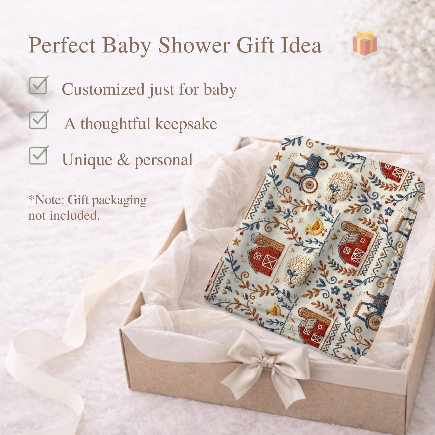 Embroidery Look farm baby blanket in embroidered quilt look. Tractor, barn and sheep design for neutral nursery decor and baby gift.