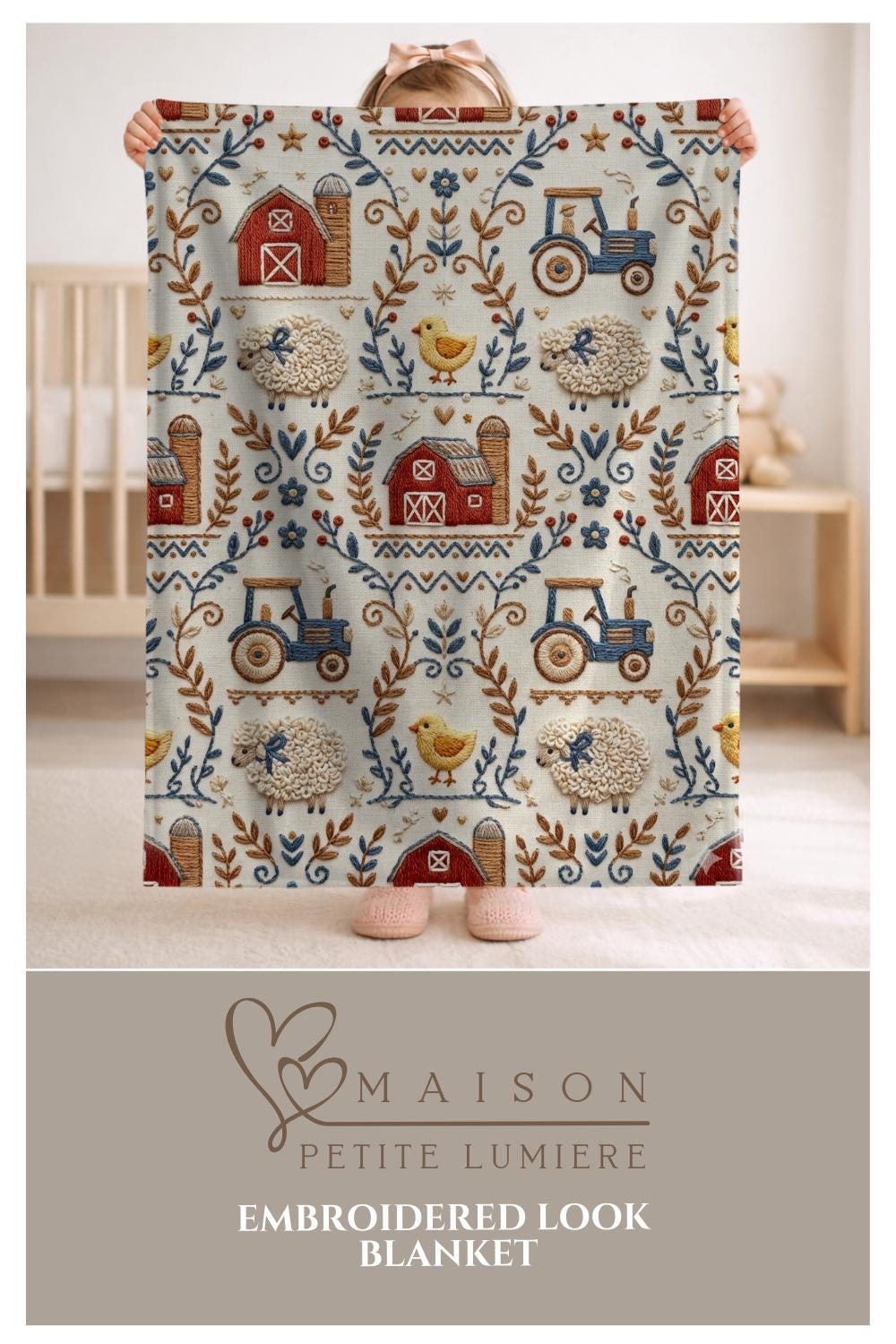 Embroidery Look farm baby blanket in embroidered quilt look. Tractor, barn and sheep design for neutral nursery decor and baby gift.