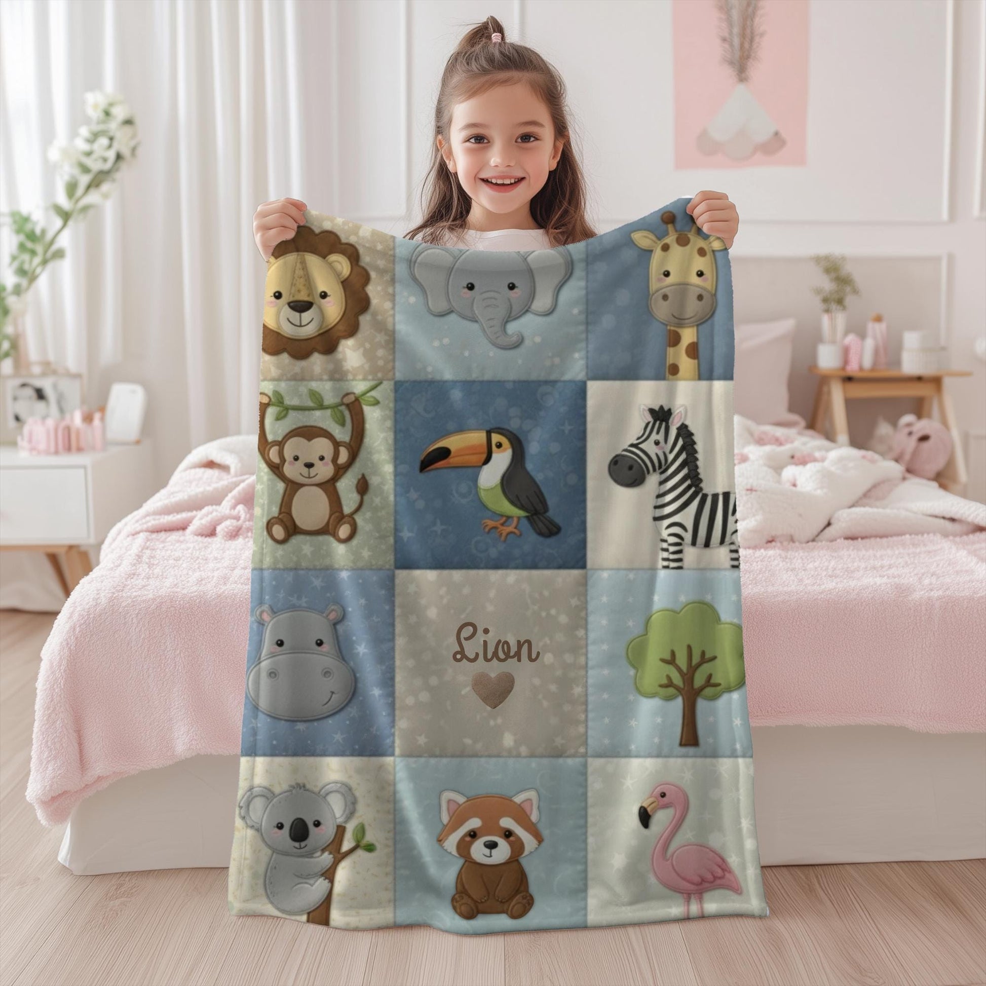 Jungle friends safari baby blanket with monkey, rhino and parrot in neutral tones. Printed quilt look fabric, personalized animal nursery decor.