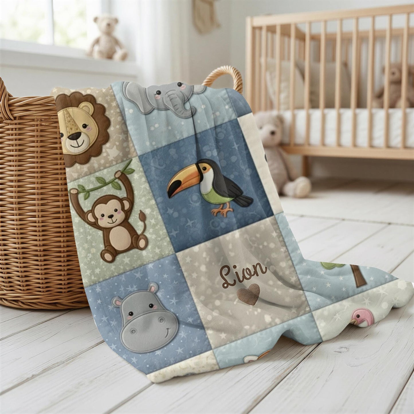 Jungle friends safari baby blanket with monkey, rhino and parrot in neutral tones. Printed quilt look fabric, personalized animal nursery decor.