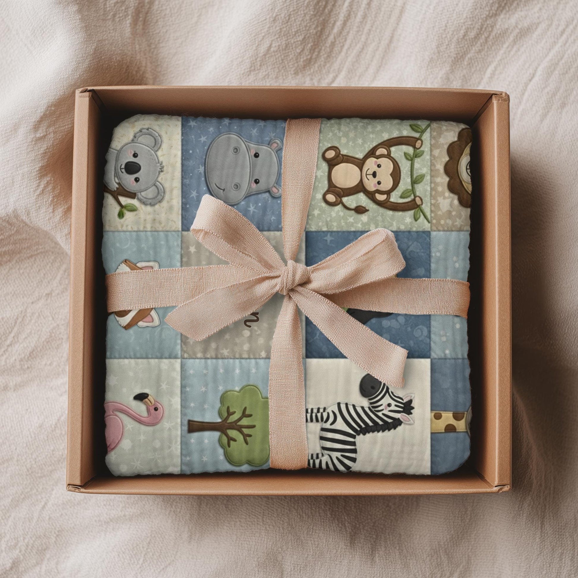 Jungle friends safari baby blanket with monkey, rhino and parrot in neutral tones. Printed quilt look fabric, personalized animal nursery decor.