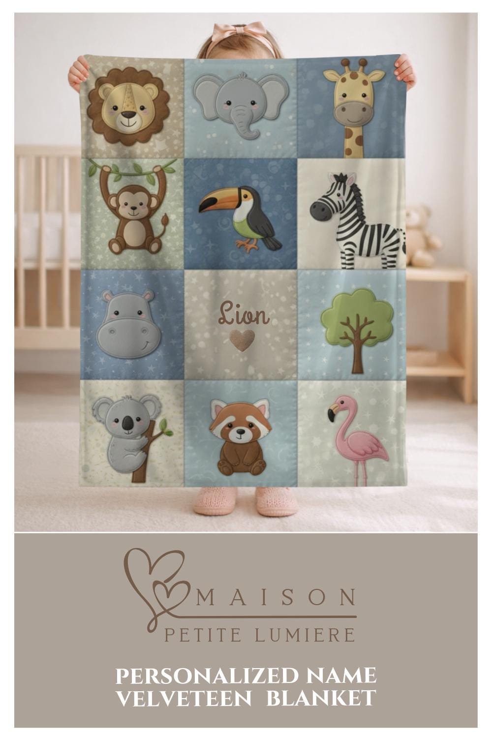 Jungle friends safari baby blanket with monkey, rhino and parrot in neutral tones. Printed quilt look fabric, personalized animal nursery decor.