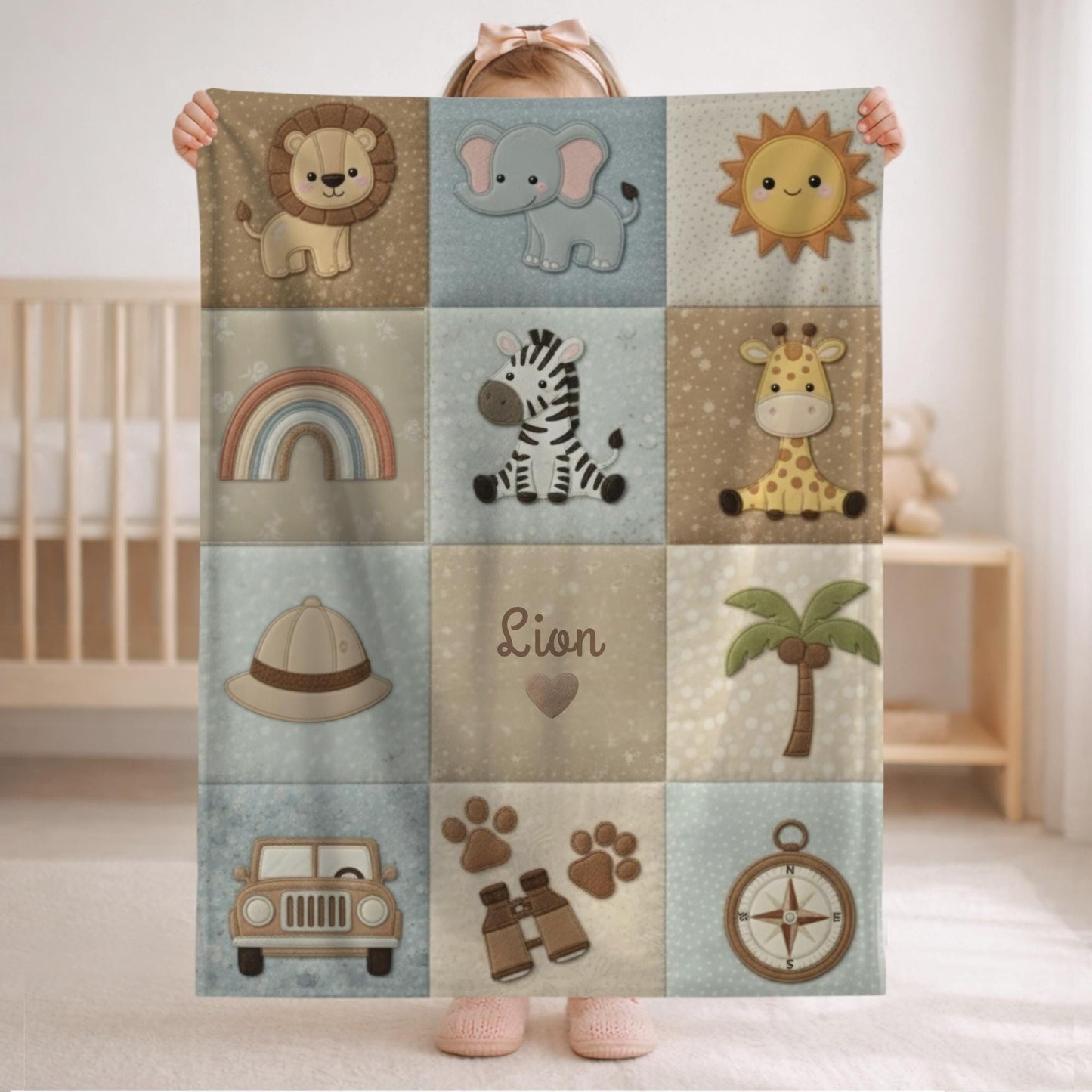 Explorer safari baby blanket with jeep and compass adventure theme. Printed quilt look, personalized for little explorer nurseries.