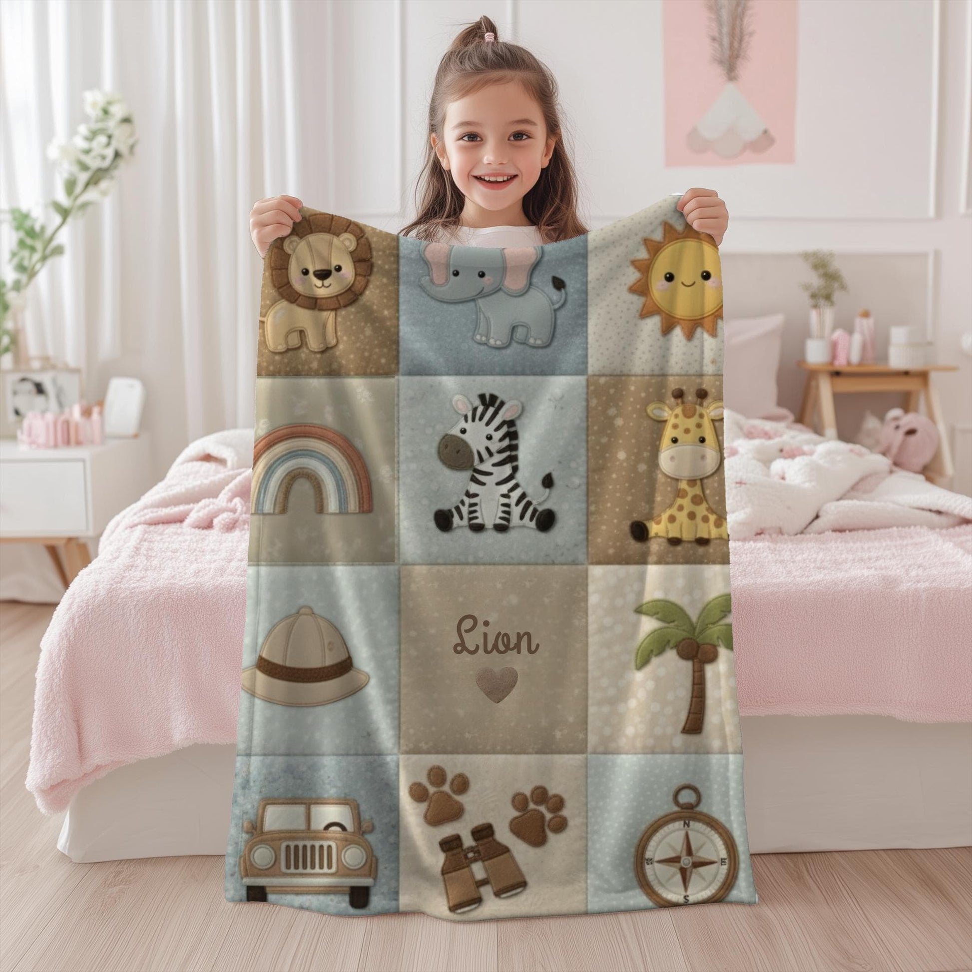 Explorer safari baby blanket with jeep and compass adventure theme. Printed quilt look, personalized for little explorer nurseries.