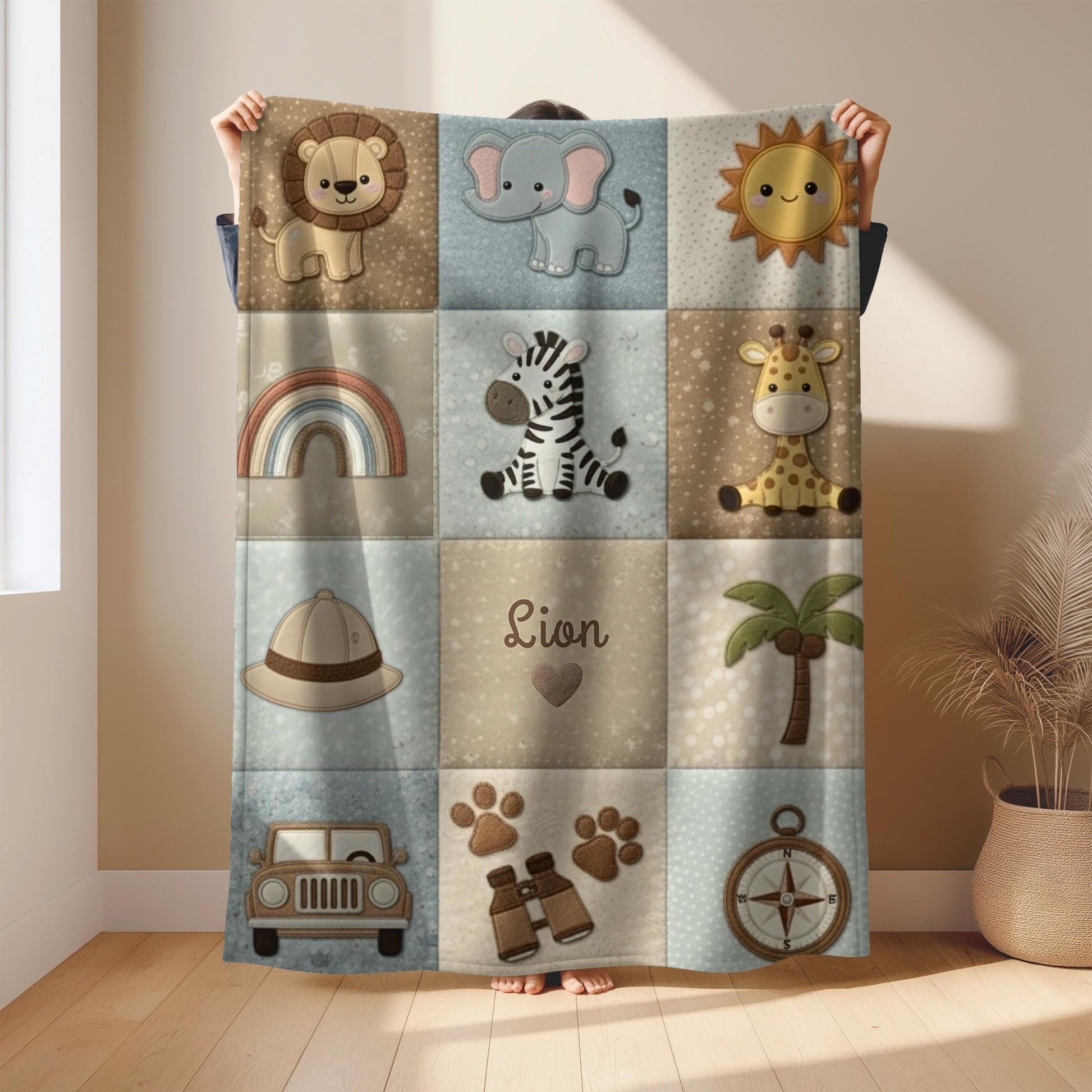 Explorer safari baby blanket with jeep and compass adventure theme. Printed quilt look, personalized for little explorer nurseries.