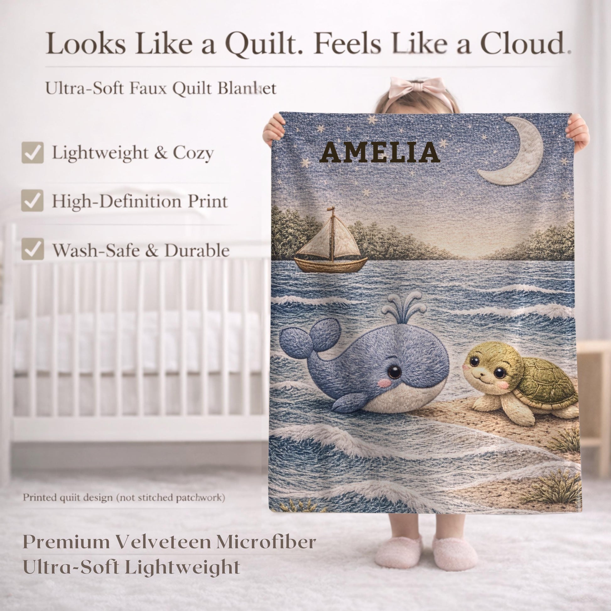 Sail away to sweet dreams! Personalized ocean baby blanket with whale and sea turtle in a soft nautical quilt-look design. A perfect coastal nursery gift.