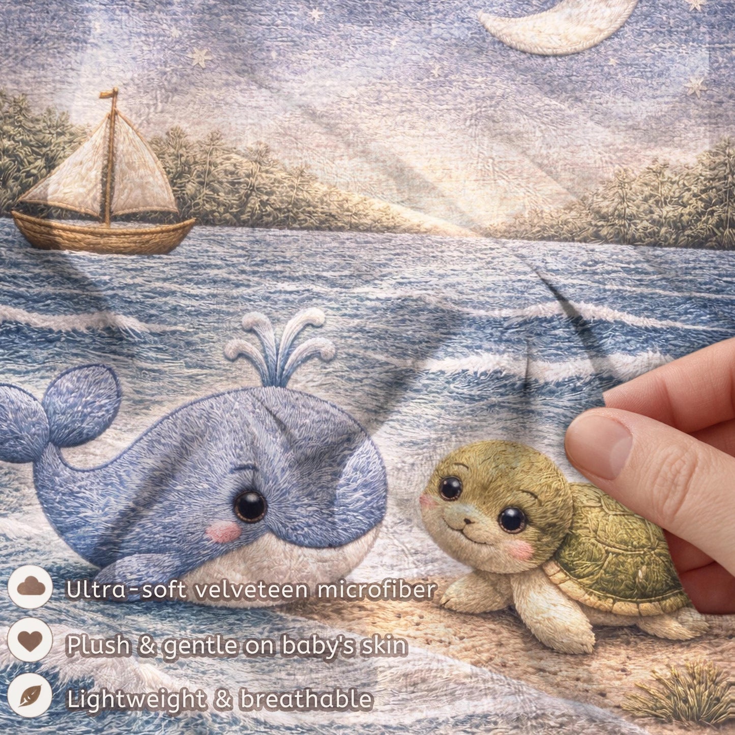 Sail away to sweet dreams! Personalized ocean baby blanket with whale and sea turtle in a soft nautical quilt-look design. A perfect coastal nursery gift.