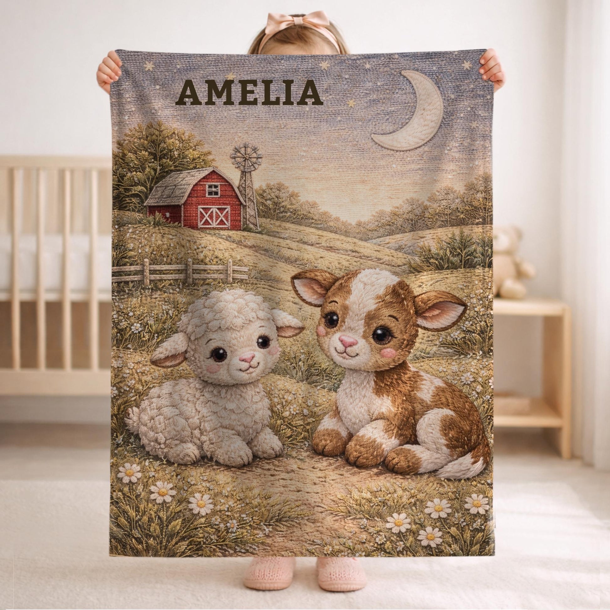 Sweet little farm friends! Personalized pink barnyard baby blanket with pig and chick in a soft quilt look design. A charming baby girl gift.