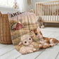 Sweet little farm friends! Personalized pink barnyard baby blanket with pig and chick in a soft quilt look design. A charming baby girl gift.