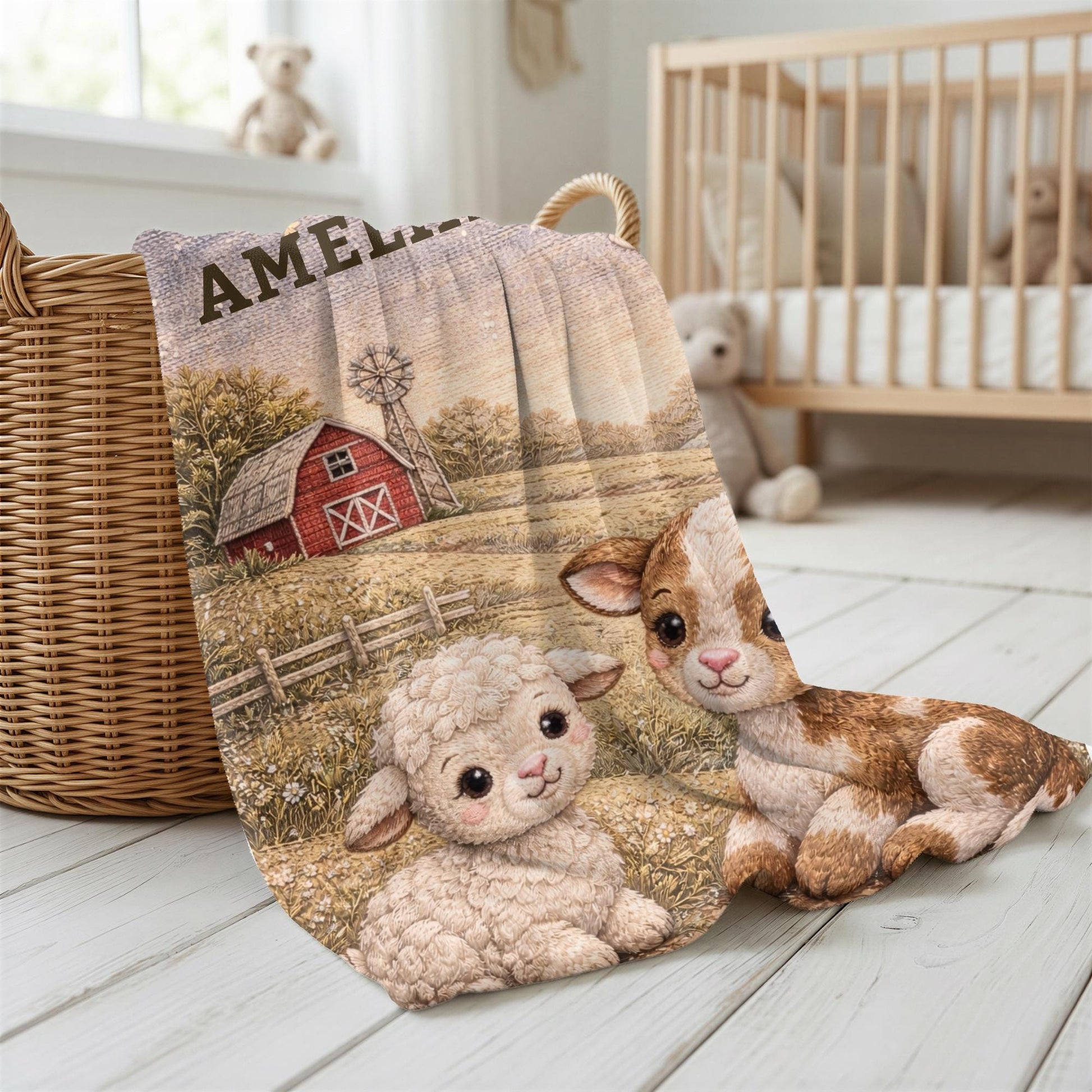 Sweet little farm friends! Personalized pink barnyard baby blanket with pig and chick in a soft quilt look design. A charming baby girl gift.