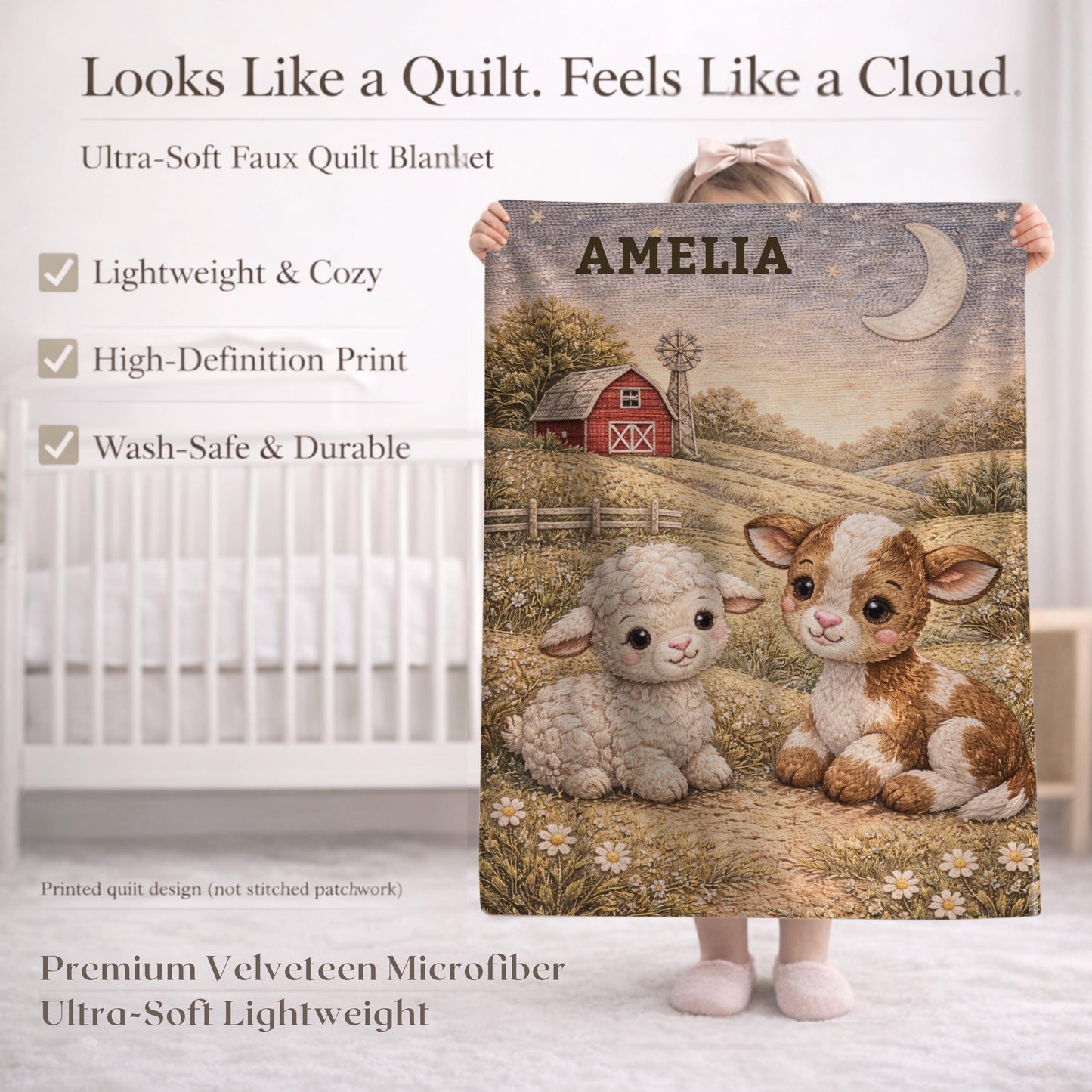 Sweet little farm friends! Personalized pink barnyard baby blanket with pig and chick in a soft quilt look design. A charming baby girl gift.
