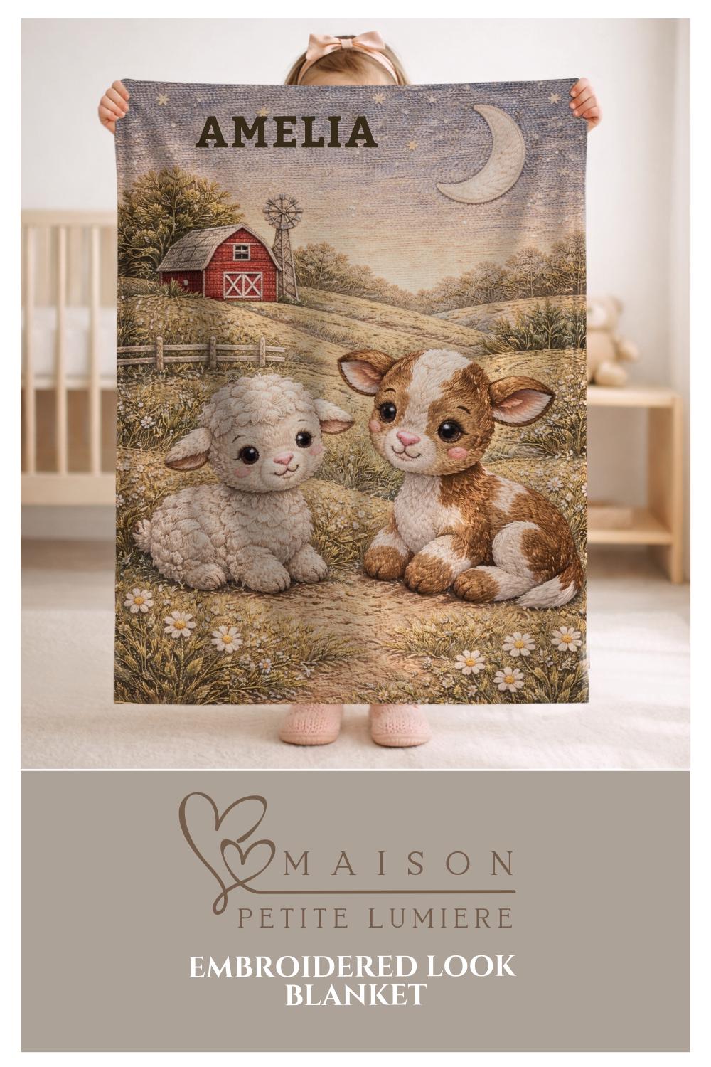 Sweet little farm friends! Personalized pink barnyard baby blanket with pig and chick in a soft quilt look design. A charming baby girl gift.