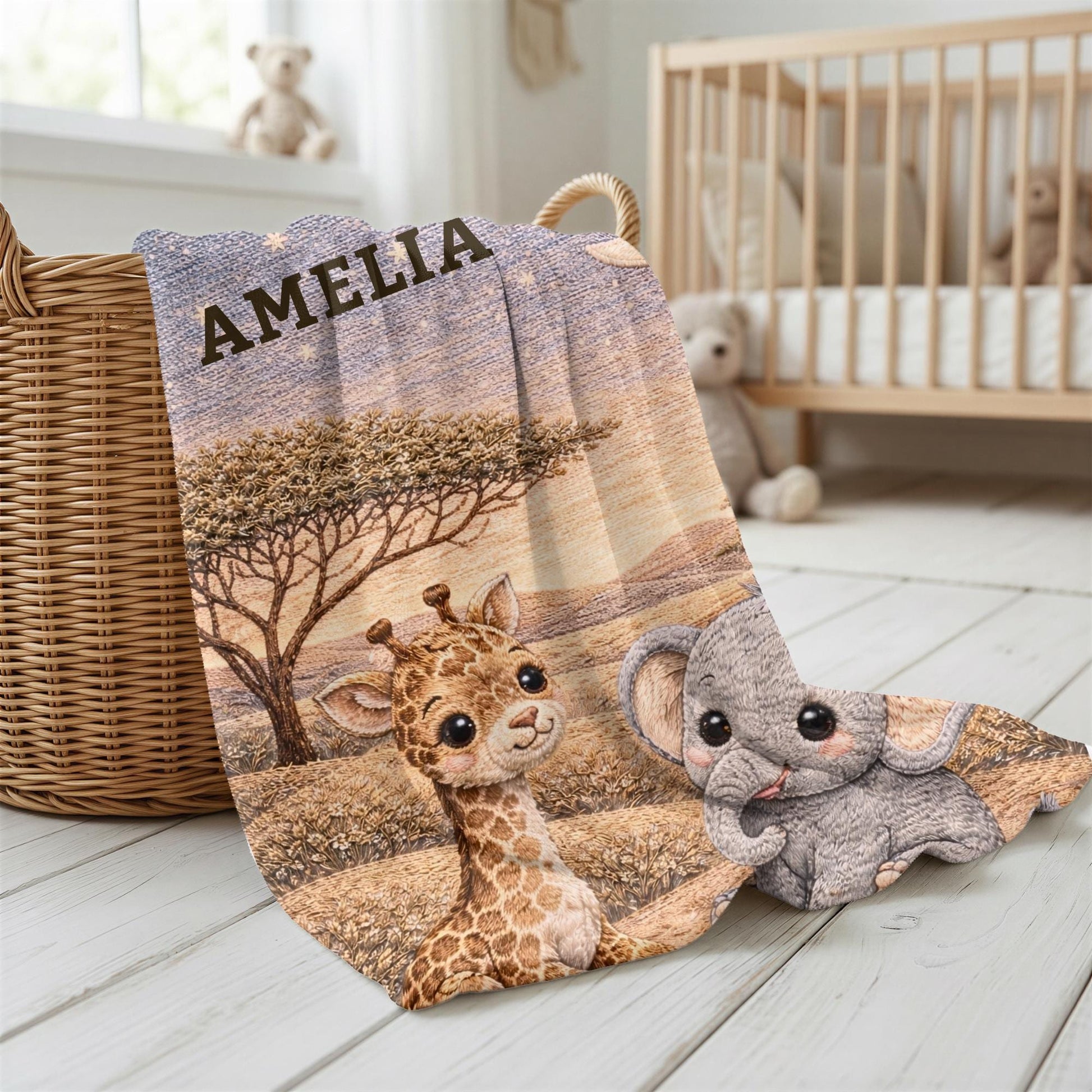 Drift into peaceful dreams beneath the savanna moon. Personalized giraffe and elephant baby blanket in a soft moonlit quilt look embroidery design.