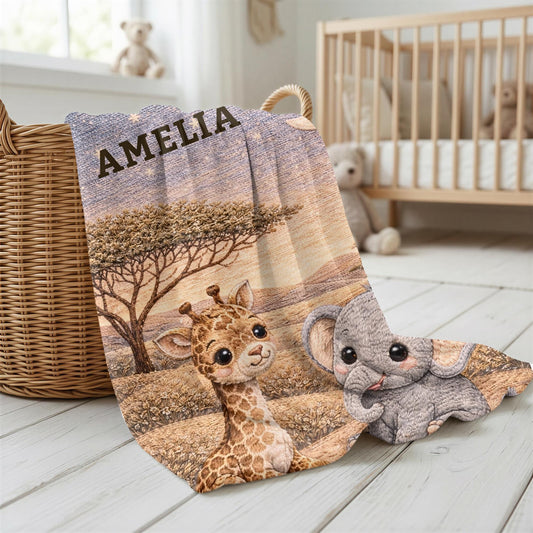 Drift into peaceful dreams beneath the savanna moon. Personalized giraffe and elephant baby blanket in a soft moonlit quilt look embroidery design.