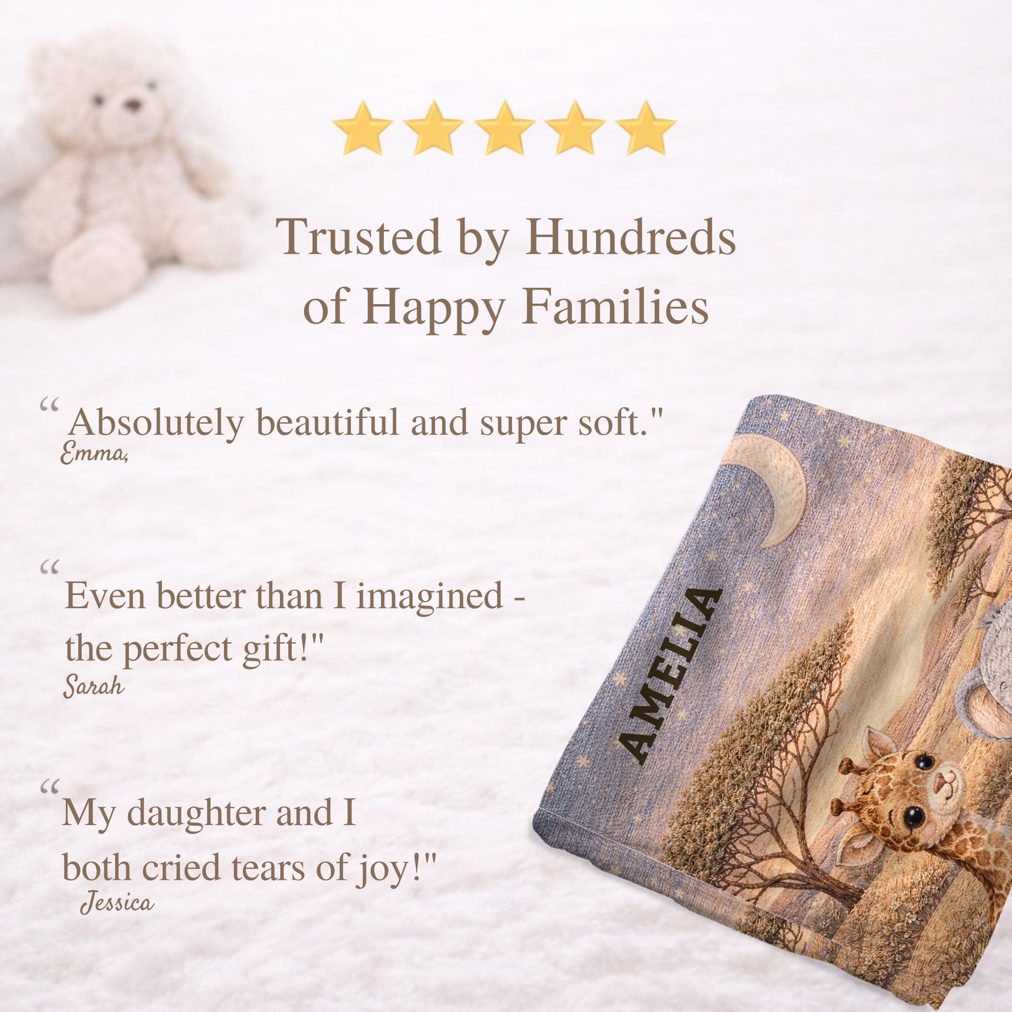 Drift into peaceful dreams beneath the savanna moon. Personalized giraffe and elephant baby blanket in a soft moonlit quilt look embroidery design.
