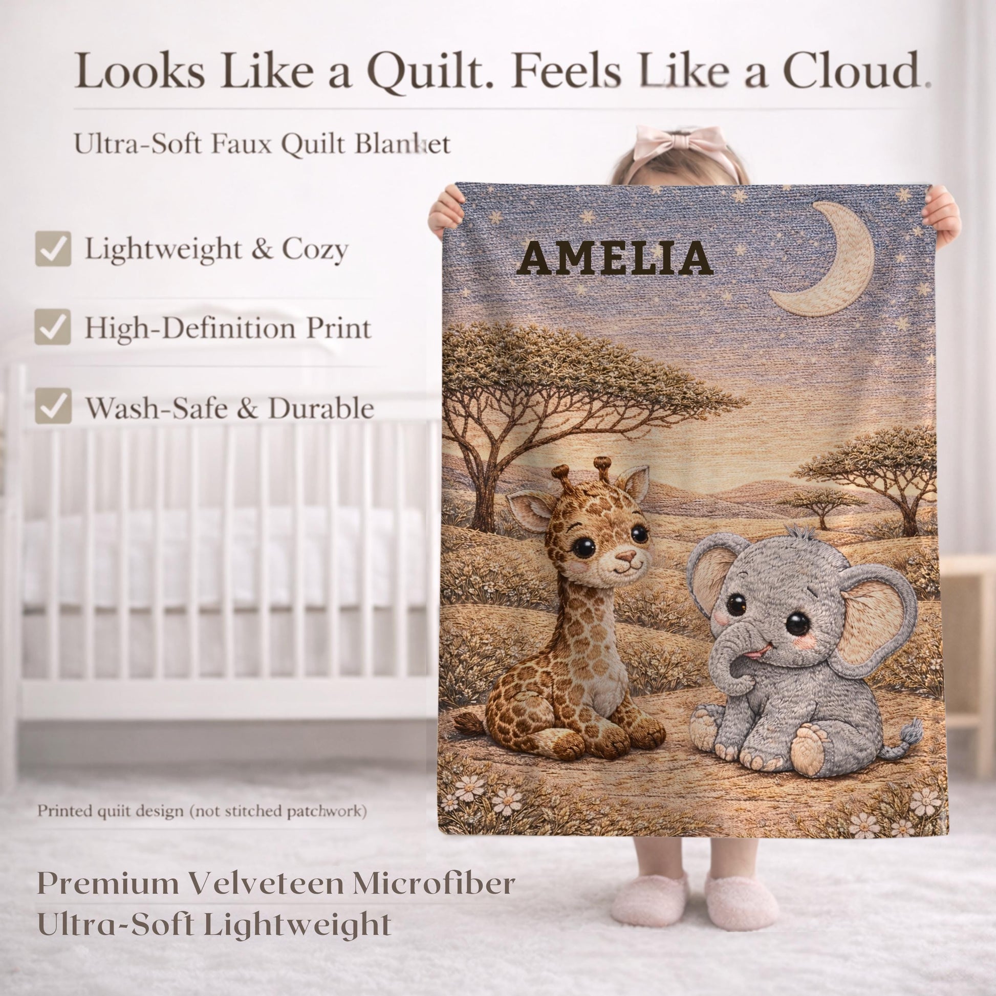Drift into peaceful dreams beneath the savanna moon. Personalized giraffe and elephant baby blanket in a soft moonlit quilt look embroidery design.