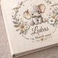 Personalized floral elephant baby album 8x8 with custom name and date. A neutral nursery memory book and timeless newborn keepsake gift.