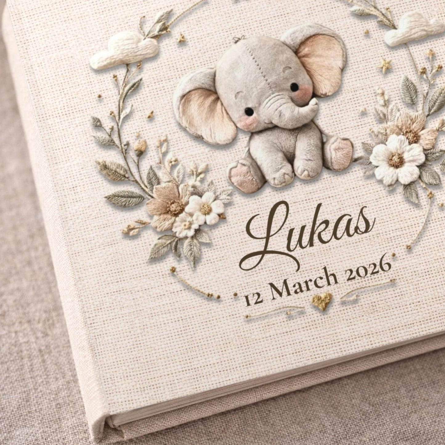 Personalized floral elephant baby album 8x8 with custom name and date. A neutral nursery memory book and timeless newborn keepsake gift.