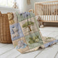 Personalized patchwork look baby blanket with name and sweet safari animals like lion, elephant and monkey in a soft quilt style design.