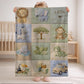 Personalized patchwork look baby blanket with name and sweet safari animals like lion, elephant and monkey in a soft quilt style design.