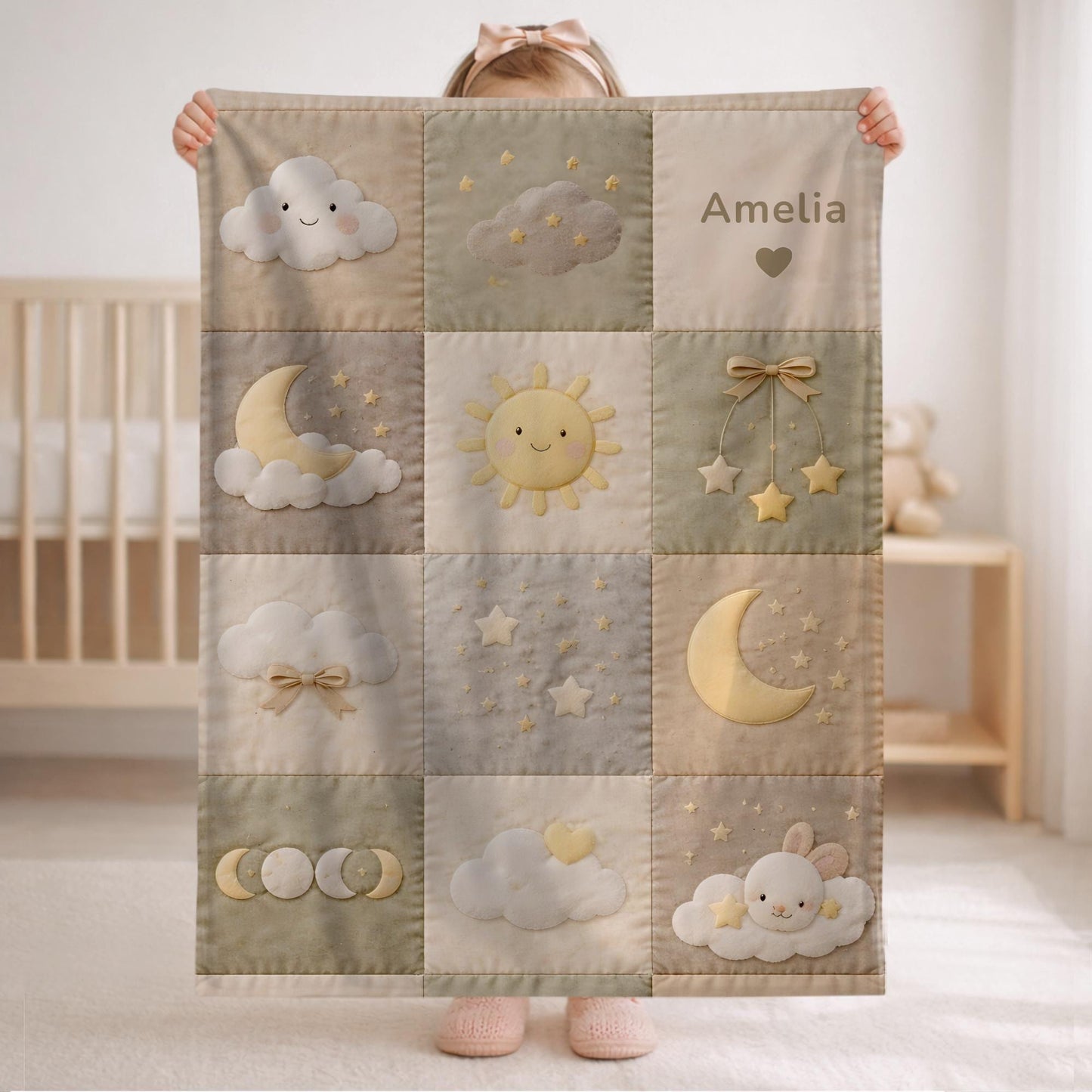 Personalized patchwork look baby blanket with clouds, sun, moon and stars in a soft quilt-style design. Neutral nursery colors with custom name.