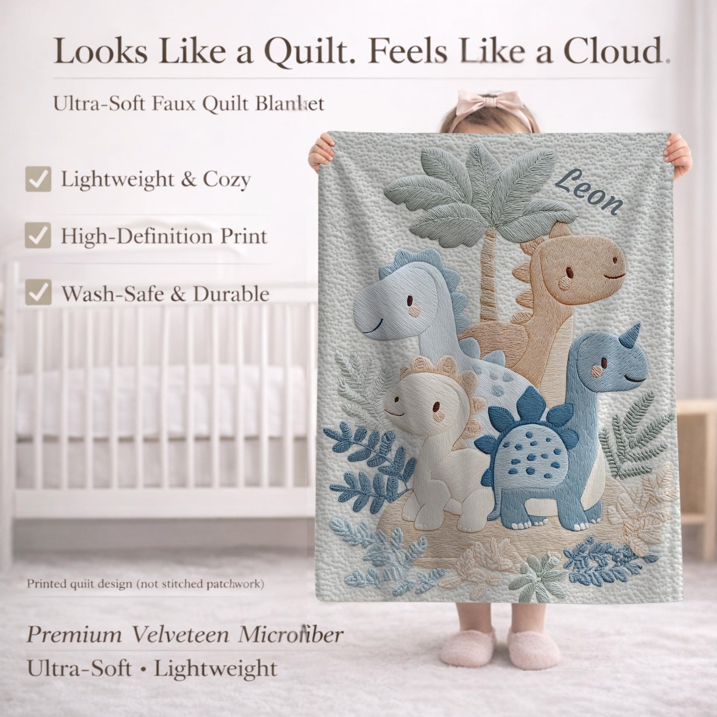 Personalized Dinosaur baby blanket with name - embroidered look details in soft neutral colors. A cozy newborn blanket and timeless boutique baby gift.